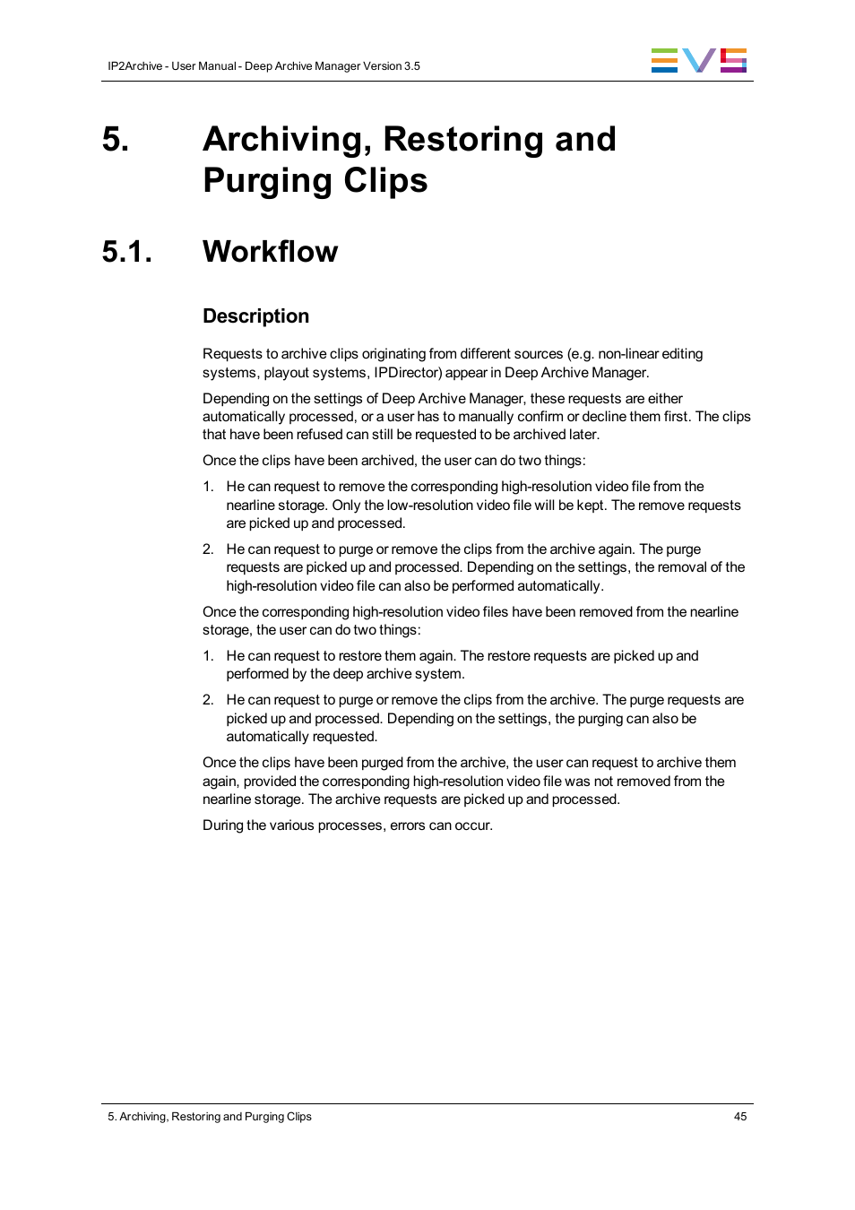 Archiving, restoring and purging clips, Workflow | EVS IP2Archive Deep Archive Manager Version 3.5 - July 2013 User Manual User Manual | Page 53 / 113