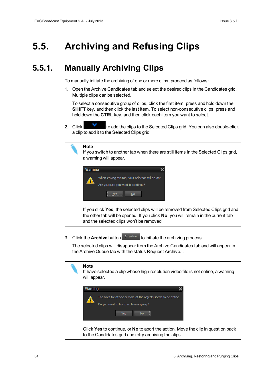 Archiving and refusing clips, Manually archiving clips | EVS IP2Archive Deep Archive Manager Version 3.5 - July 2013 User Manual User Manual | Page 62 / 113