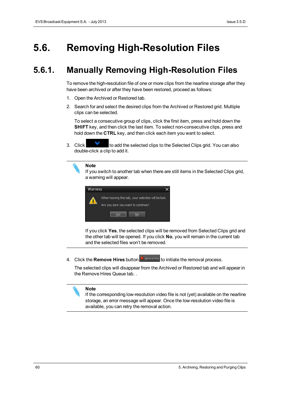 Removing high-resolution files, Manually removing high-resolution files | EVS IP2Archive Deep Archive Manager Version 3.5 - July 2013 User Manual User Manual | Page 68 / 113