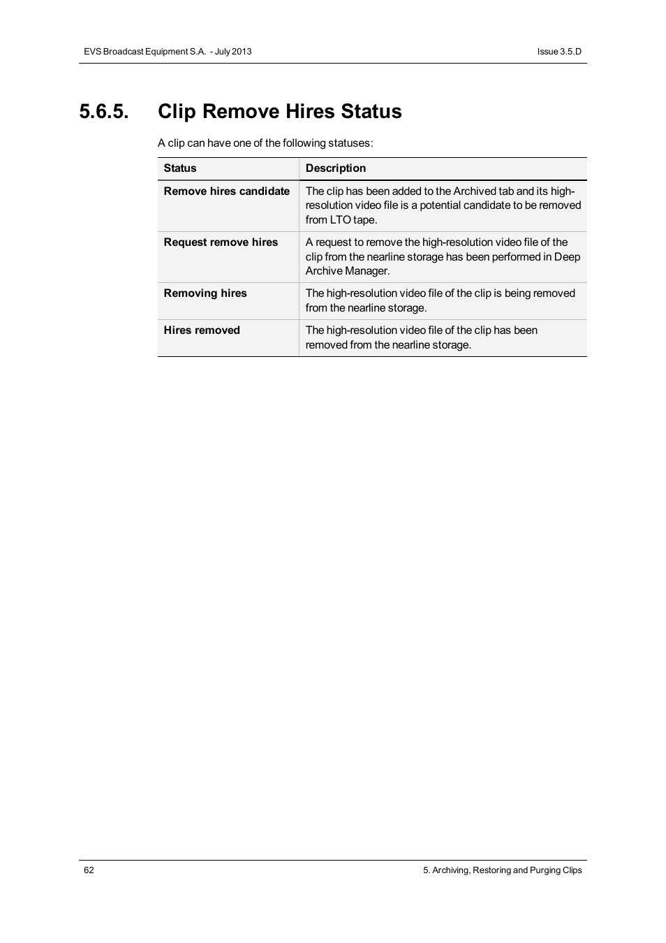 Clip remove hires status | EVS IP2Archive Deep Archive Manager Version 3.5 - July 2013 User Manual User Manual | Page 70 / 113