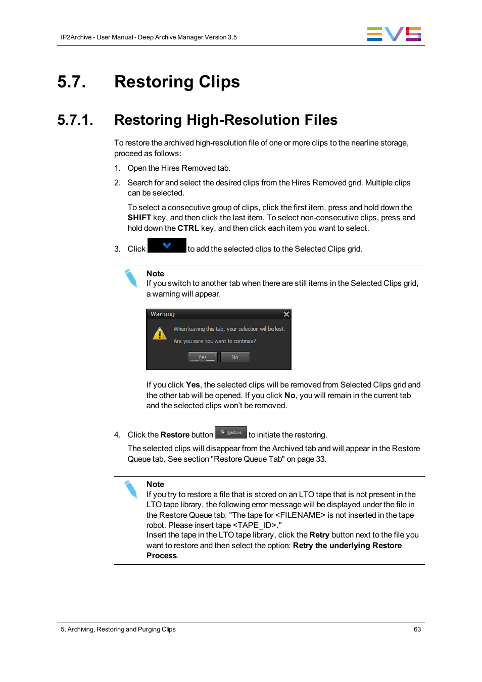 Restoring clips, Restoring high-resolution files | EVS IP2Archive Deep Archive Manager Version 3.5 - July 2013 User Manual User Manual | Page 71 / 113