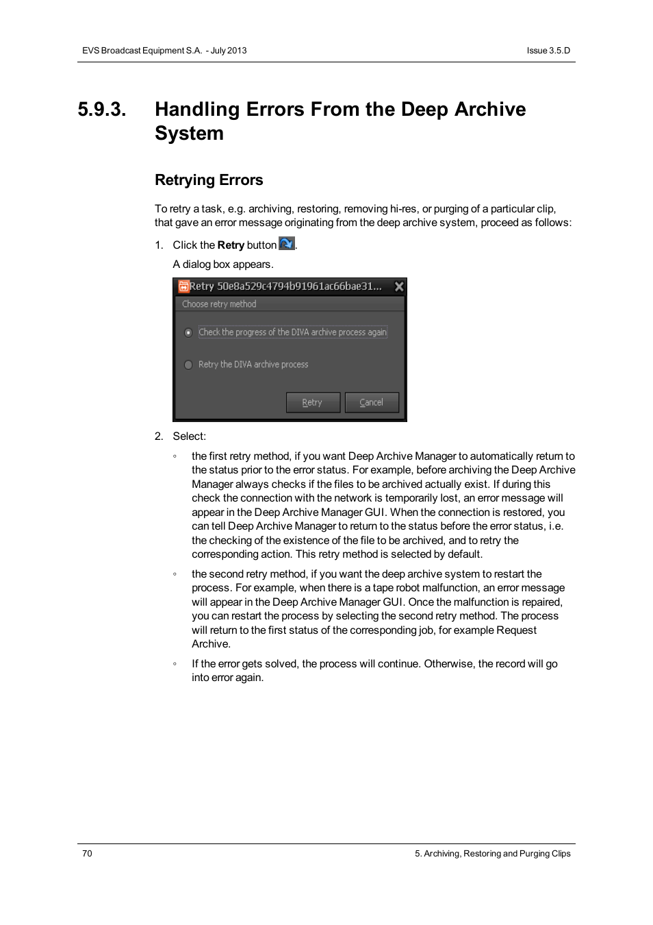 Handling errors from the deep archive system, Retrying errors | EVS IP2Archive Deep Archive Manager Version 3.5 - July 2013 User Manual User Manual | Page 78 / 113