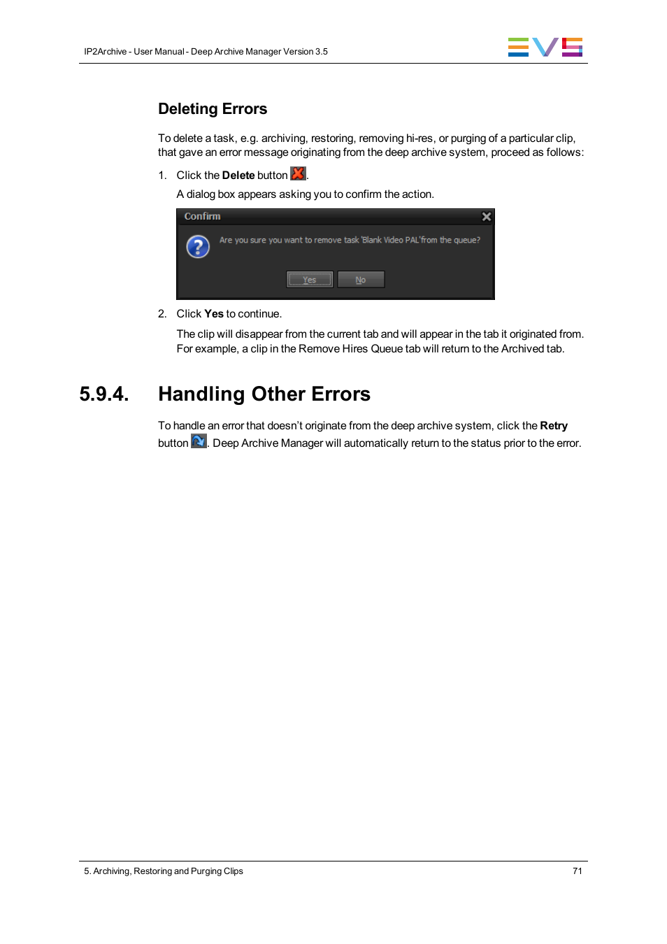 Handling other errors, Deleting errors | EVS IP2Archive Deep Archive Manager Version 3.5 - July 2013 User Manual User Manual | Page 79 / 113