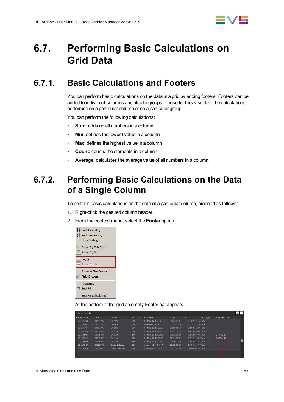 Performing basic calculations on grid data, Basic calculations and footers | EVS IP2Archive Deep Archive Manager Version 3.5 - July 2013 User Manual User Manual | Page 91 / 113