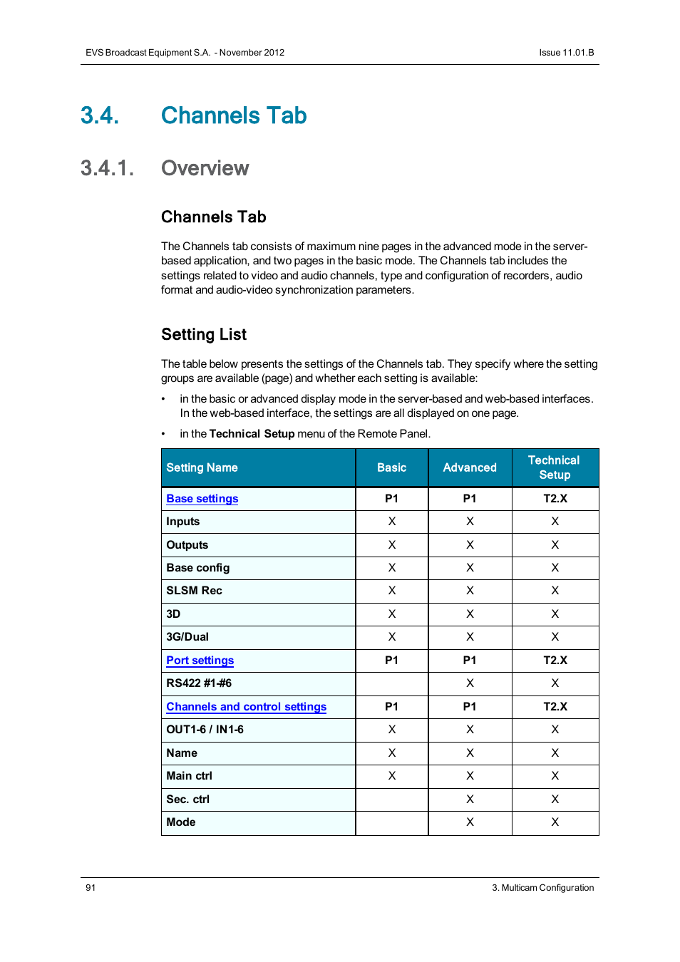 Channels tab, Overview, Channels settings | Setting list | EVS XT2 Version 11.01 - November 2012 Configuration Manual User Manual | Page 101 / 234