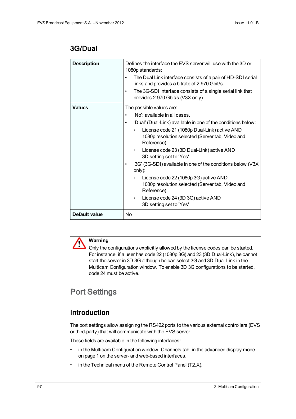 Port settings, 3g/dual, Introduction | EVS XT2 Version 11.01 - November 2012 Configuration Manual User Manual | Page 107 / 234