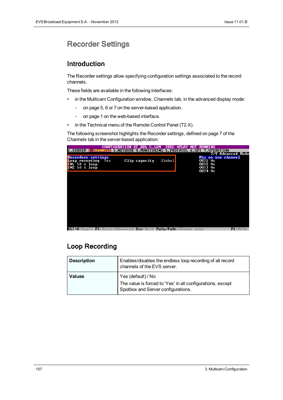 Recorder settings, Introduction, Loop recording | EVS XT2 Version 11.01 - November 2012 Configuration Manual User Manual | Page 117 / 234
