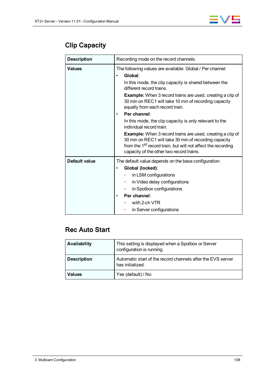 Clip capacity, Rec auto start | EVS XT2 Version 11.01 - November 2012 Configuration Manual User Manual | Page 118 / 234