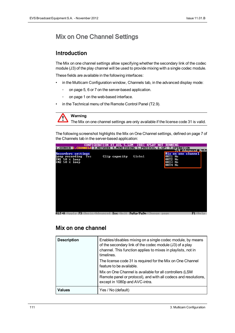 Mix on one channel setting, Mix on one channel settings, Introduction | Mix on one channel | EVS XT2 Version 11.01 - November 2012 Configuration Manual User Manual | Page 121 / 234