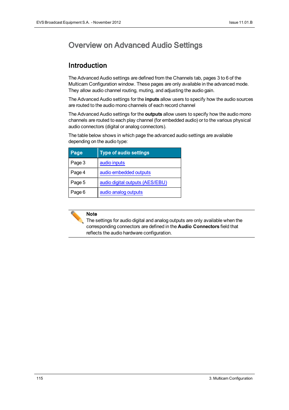 Advanced audio settings, Overview on advanced audio settings, Introduction | EVS XT2 Version 11.01 - November 2012 Configuration Manual User Manual | Page 125 / 234