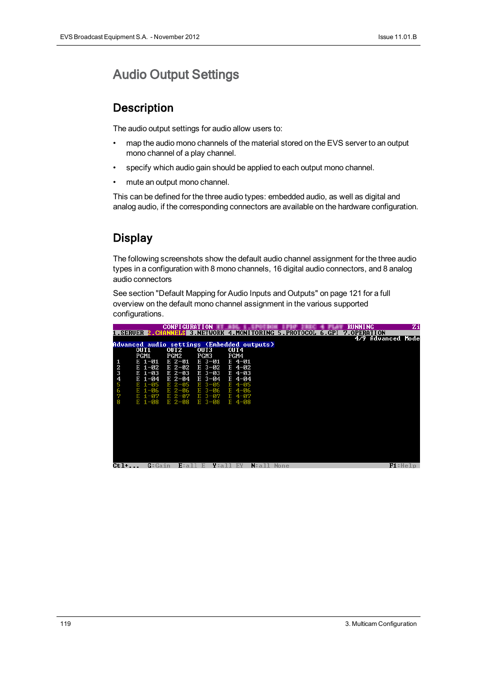 Audio embedded outputs, Audio digital outputs (aes/ebu), Audio analog outputs | Audio output settings, Description, Display | EVS XT2 Version 11.01 - November 2012 Configuration Manual User Manual | Page 129 / 234