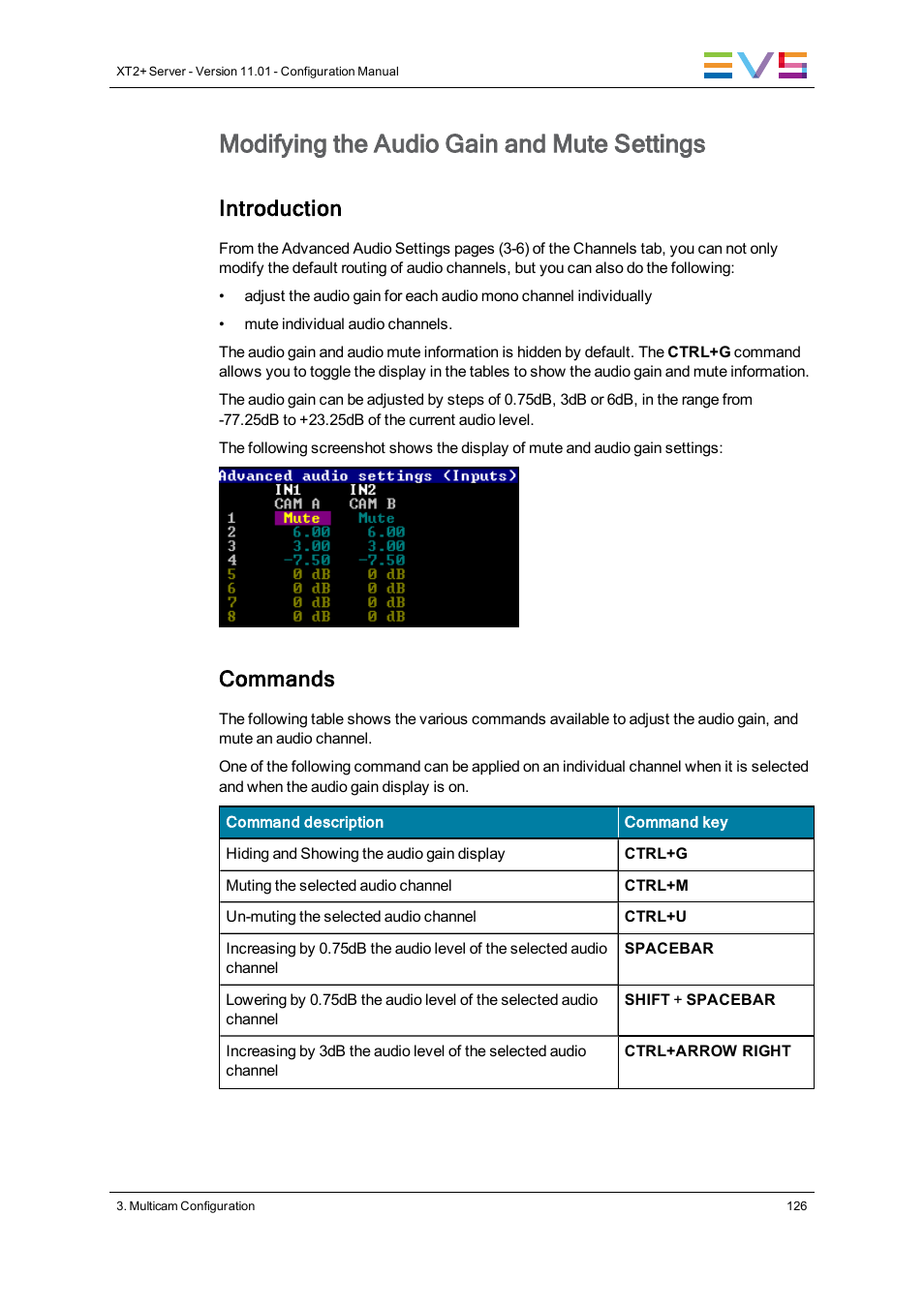 Modifying the audio gain and mute settings, Introduction, Commands | EVS XT2 Version 11.01 - November 2012 Configuration Manual User Manual | Page 136 / 234