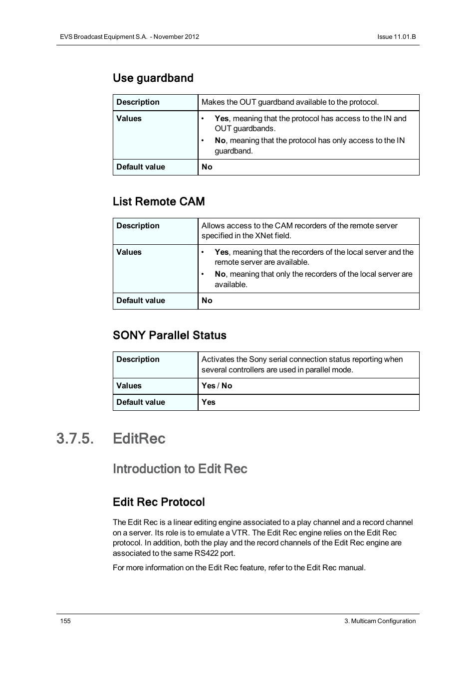 Editrec, Edit rec 1 / 2, Introduction to edit rec | Use guardband, List remote cam, Sony parallel status, Edit rec protocol | EVS XT2 Version 11.01 - November 2012 Configuration Manual User Manual | Page 165 / 234