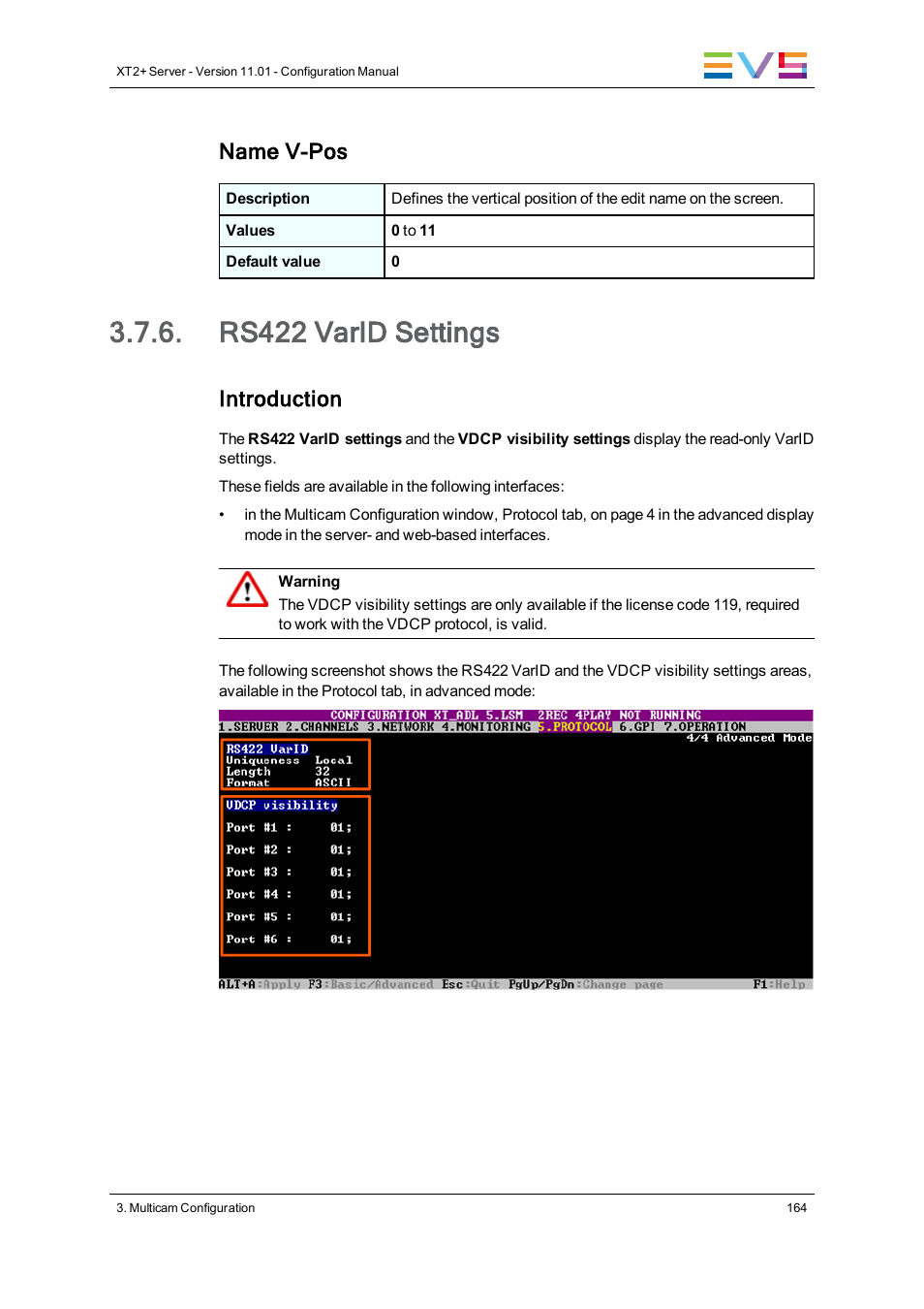 Rs422 varid settings, Vdcp visibility settings, Rs422 varid | Settings, Name v-pos, Introduction | EVS XT2 Version 11.01 - November 2012 Configuration Manual User Manual | Page 174 / 234