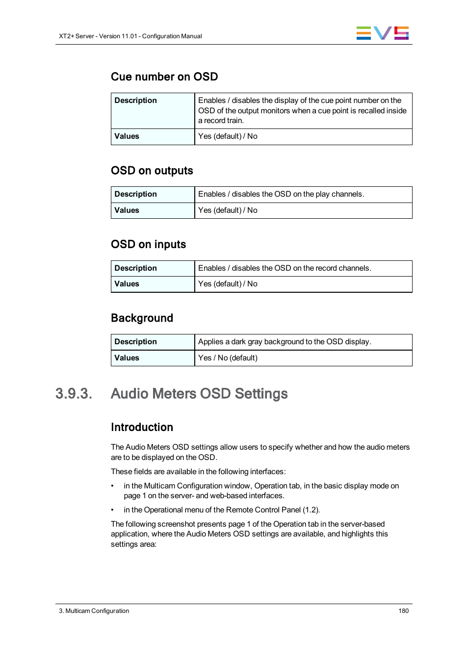 Audio meters osd settings, Cue number on osd, Osd on outputs | Osd on inputs, Background, Introduction | EVS XT2 Version 11.01 - November 2012 Configuration Manual User Manual | Page 190 / 234