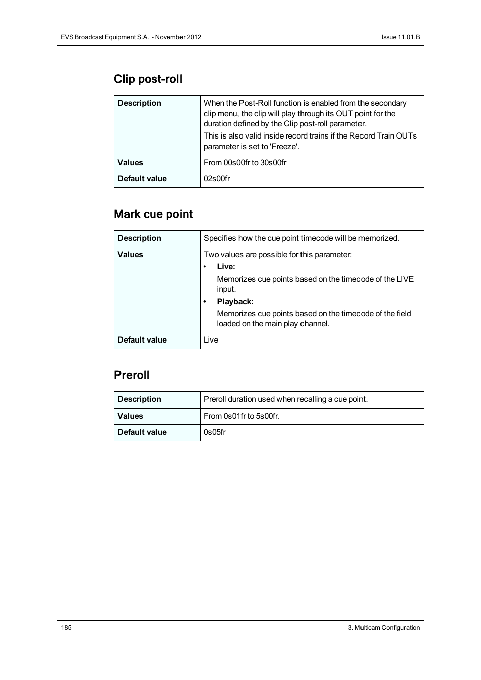 Clip post-roll, Mark cue point, Preroll | EVS XT2 Version 11.01 - November 2012 Configuration Manual User Manual | Page 195 / 234