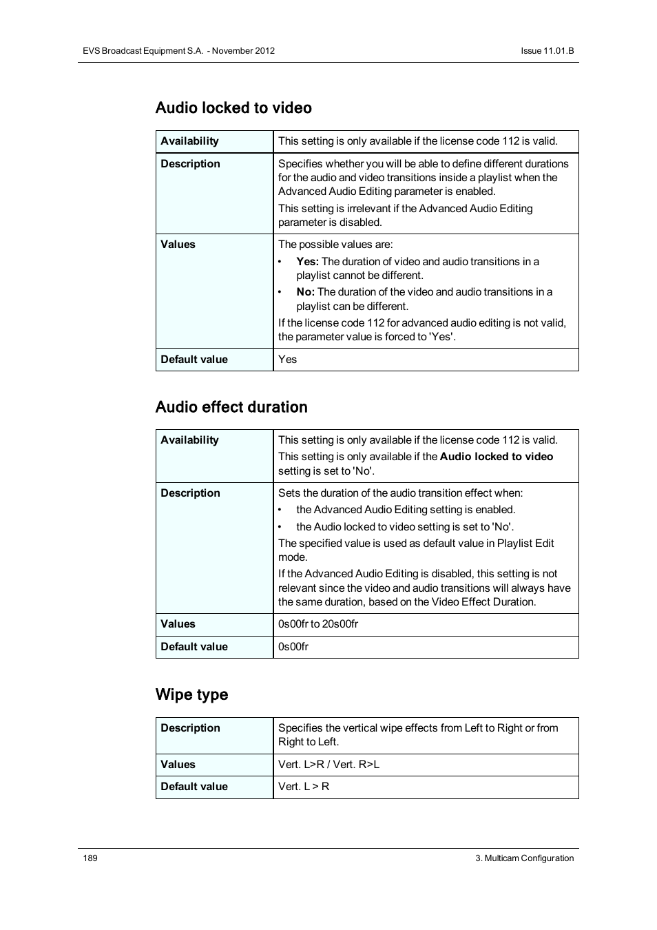 Audio locked to video, Audio effect duration, Wipe type | EVS XT2 Version 11.01 - November 2012 Configuration Manual User Manual | Page 199 / 234