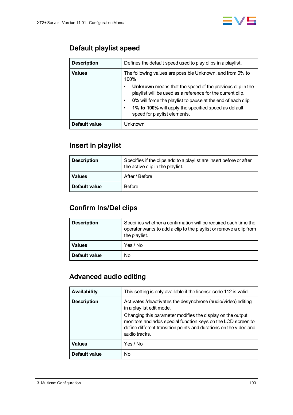 Default playlist speed, Insert in playlist, Confirm ins/del clips | Advanced audio editing | EVS XT2 Version 11.01 - November 2012 Configuration Manual User Manual | Page 200 / 234