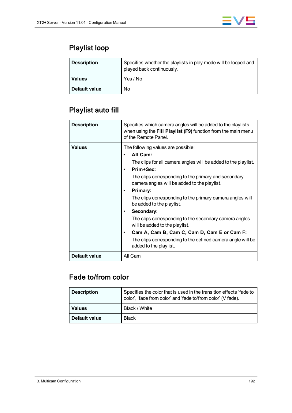 Playlist loop, Playlist auto fill, Fade to/from color | EVS XT2 Version 11.01 - November 2012 Configuration Manual User Manual | Page 202 / 234