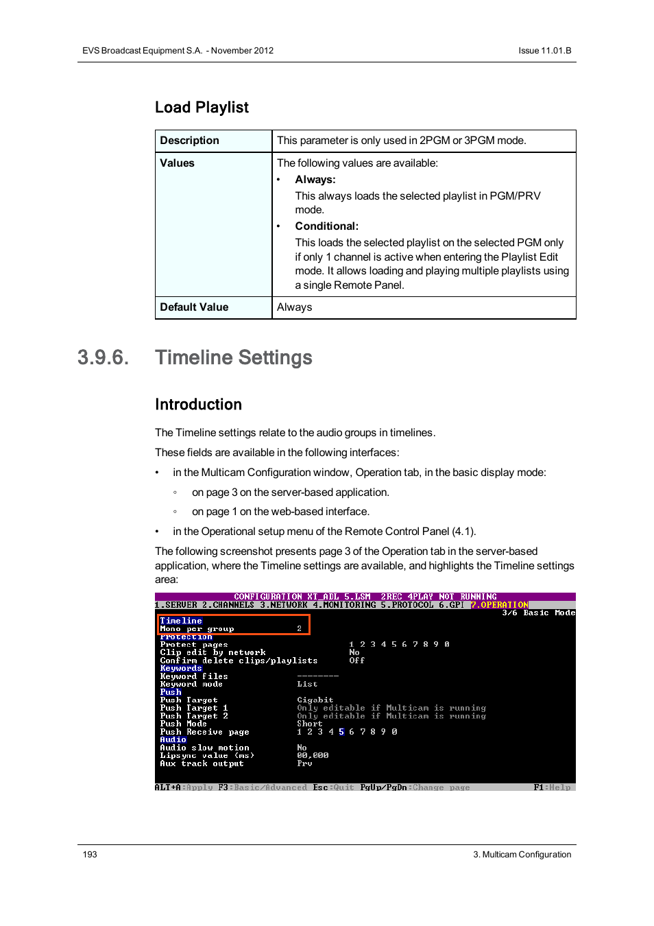 Timeline settings, Load playlist, Introduction | EVS XT2 Version 11.01 - November 2012 Configuration Manual User Manual | Page 203 / 234