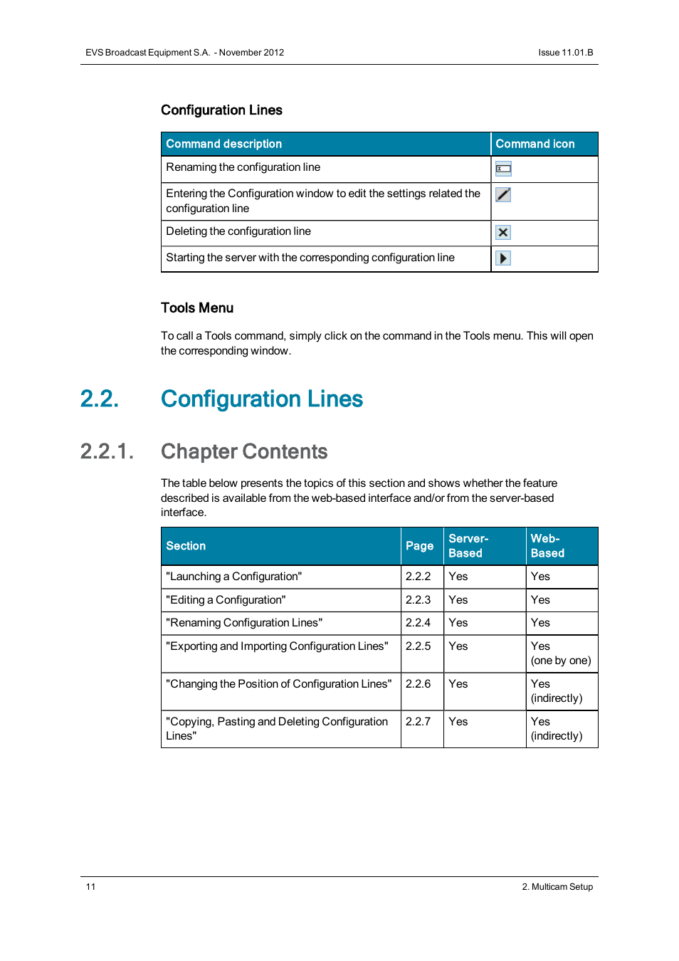 Configuration lines, Chapter contents | EVS XT2 Version 11.01 - November 2012 Configuration Manual User Manual | Page 21 / 234