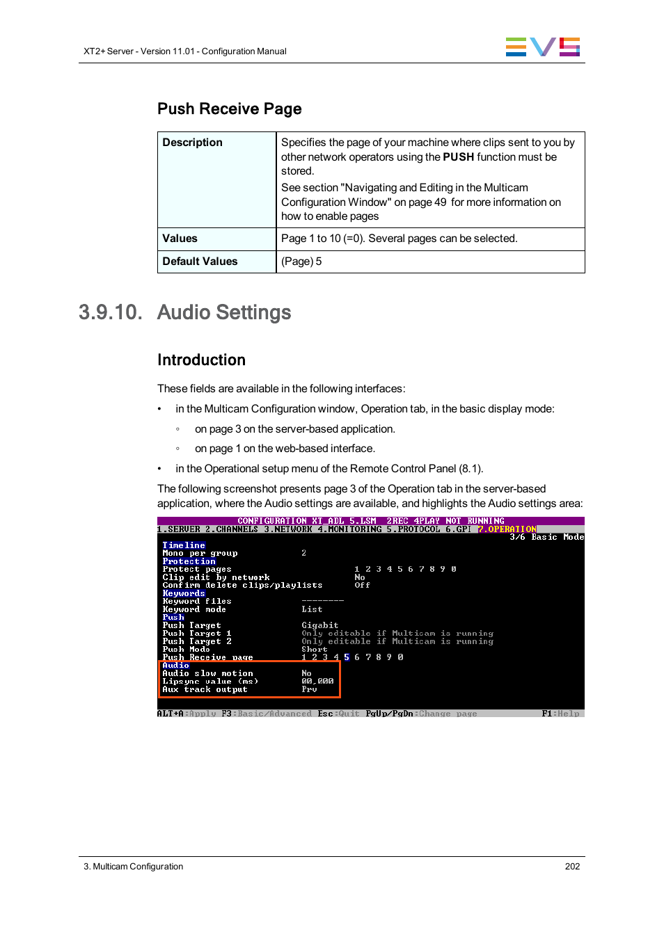 Audio settings, Push receive page, Introduction | EVS XT2 Version 11.01 - November 2012 Configuration Manual User Manual | Page 212 / 234