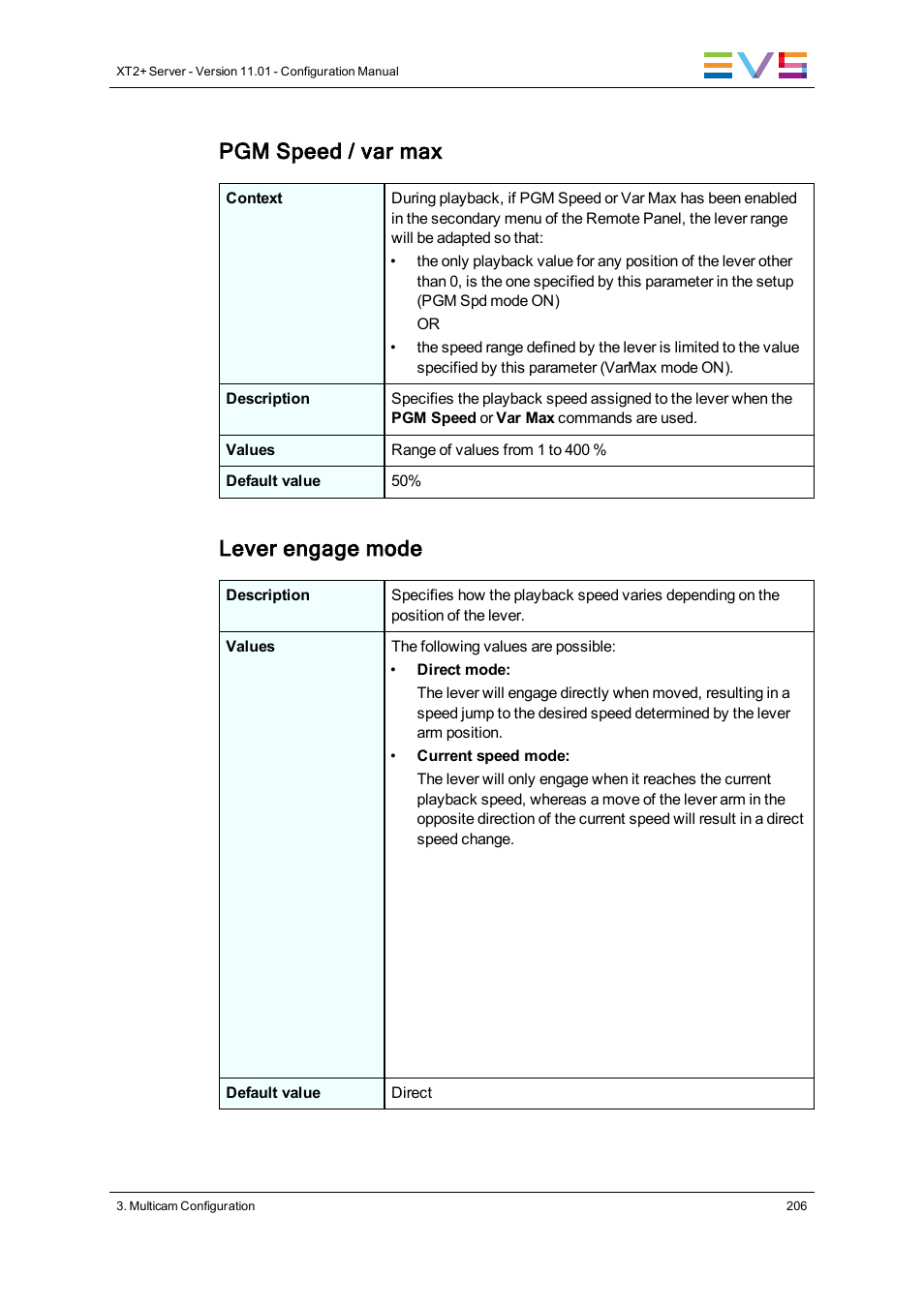 Pgm speed / var max, Lever engage mode | EVS XT2 Version 11.01 - November 2012 Configuration Manual User Manual | Page 216 / 234