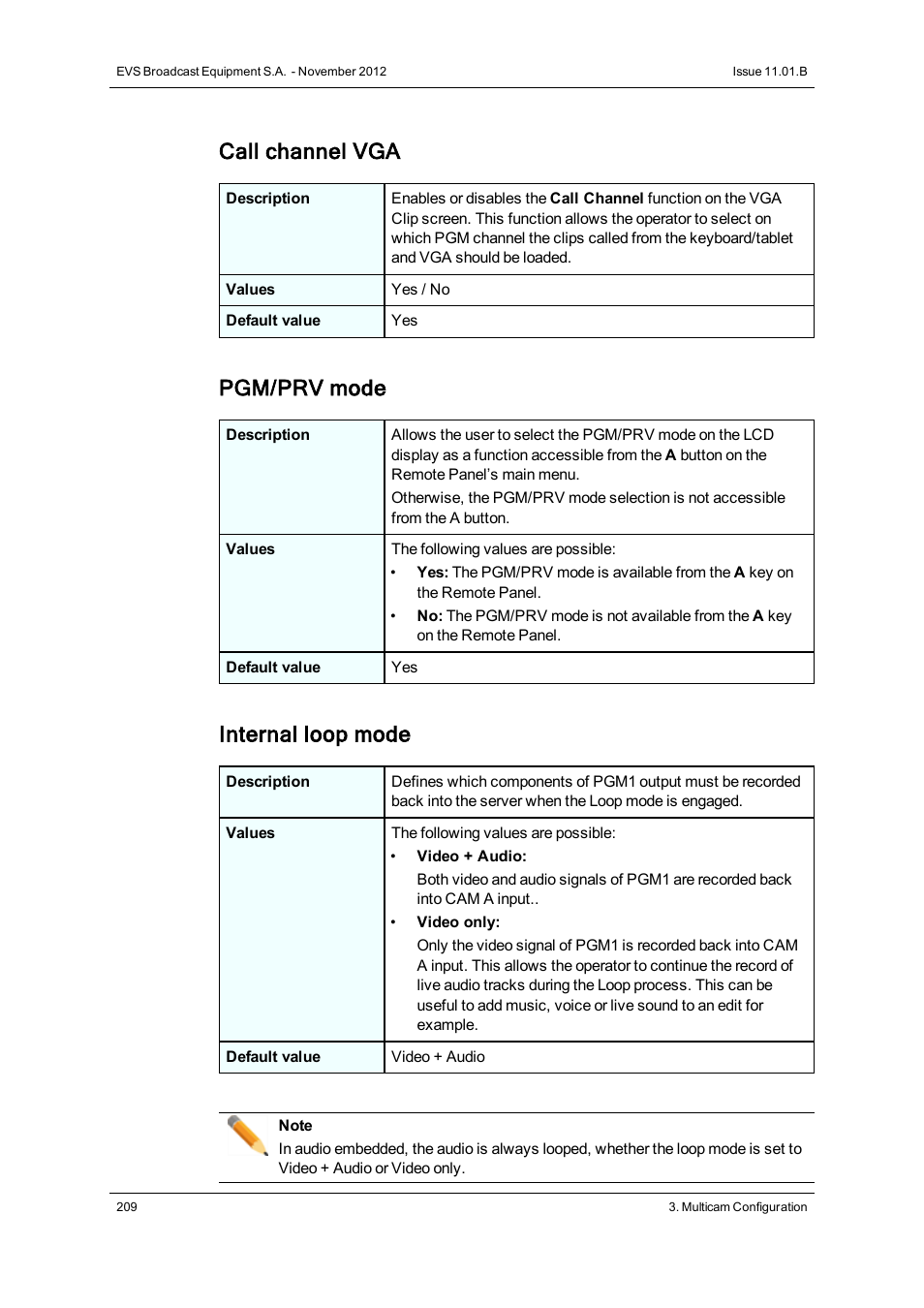 Call channel vga, Pgm/prv mode, Internal loop mode | EVS XT2 Version 11.01 - November 2012 Configuration Manual User Manual | Page 219 / 234