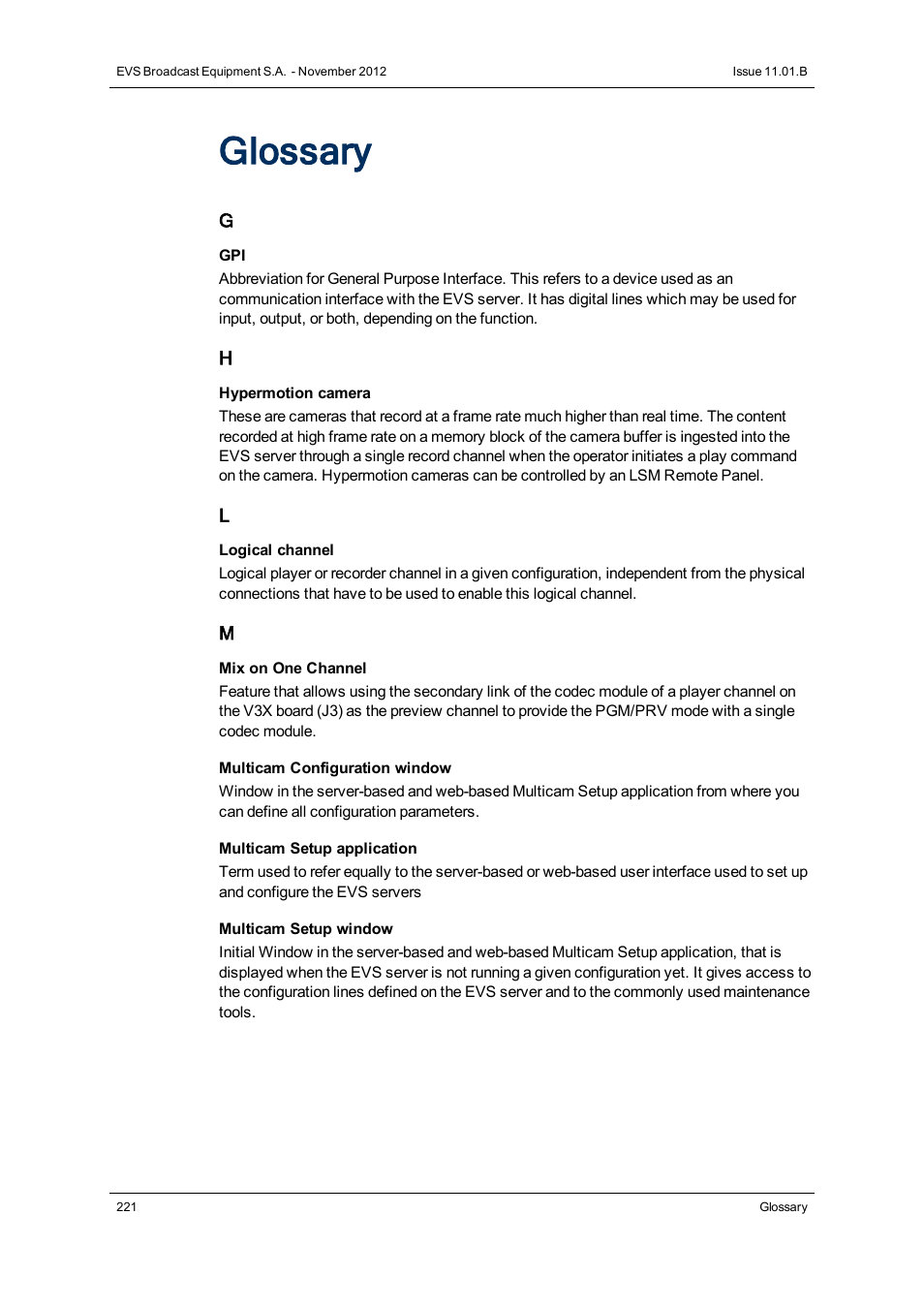 Glossary | EVS XT2 Version 11.01 - November 2012 Configuration Manual User Manual | Page 231 / 234
