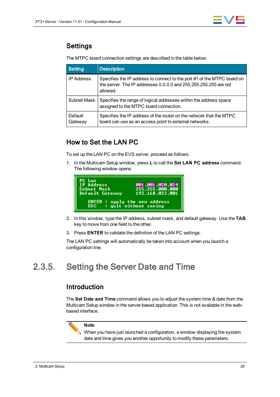 Setting the server date and time, Set date and time, Settings | How to set the lan pc, Introduction | EVS XT2 Version 11.01 - November 2012 Configuration Manual User Manual | Page 36 / 234