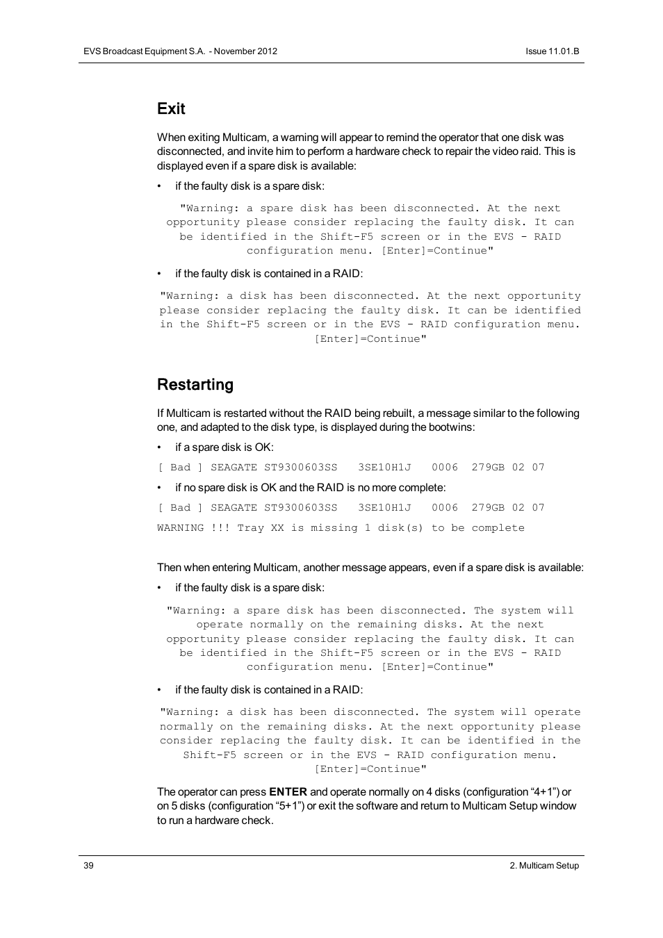Exit, Restarting | EVS XT2 Version 11.01 - November 2012 Configuration Manual User Manual | Page 49 / 234