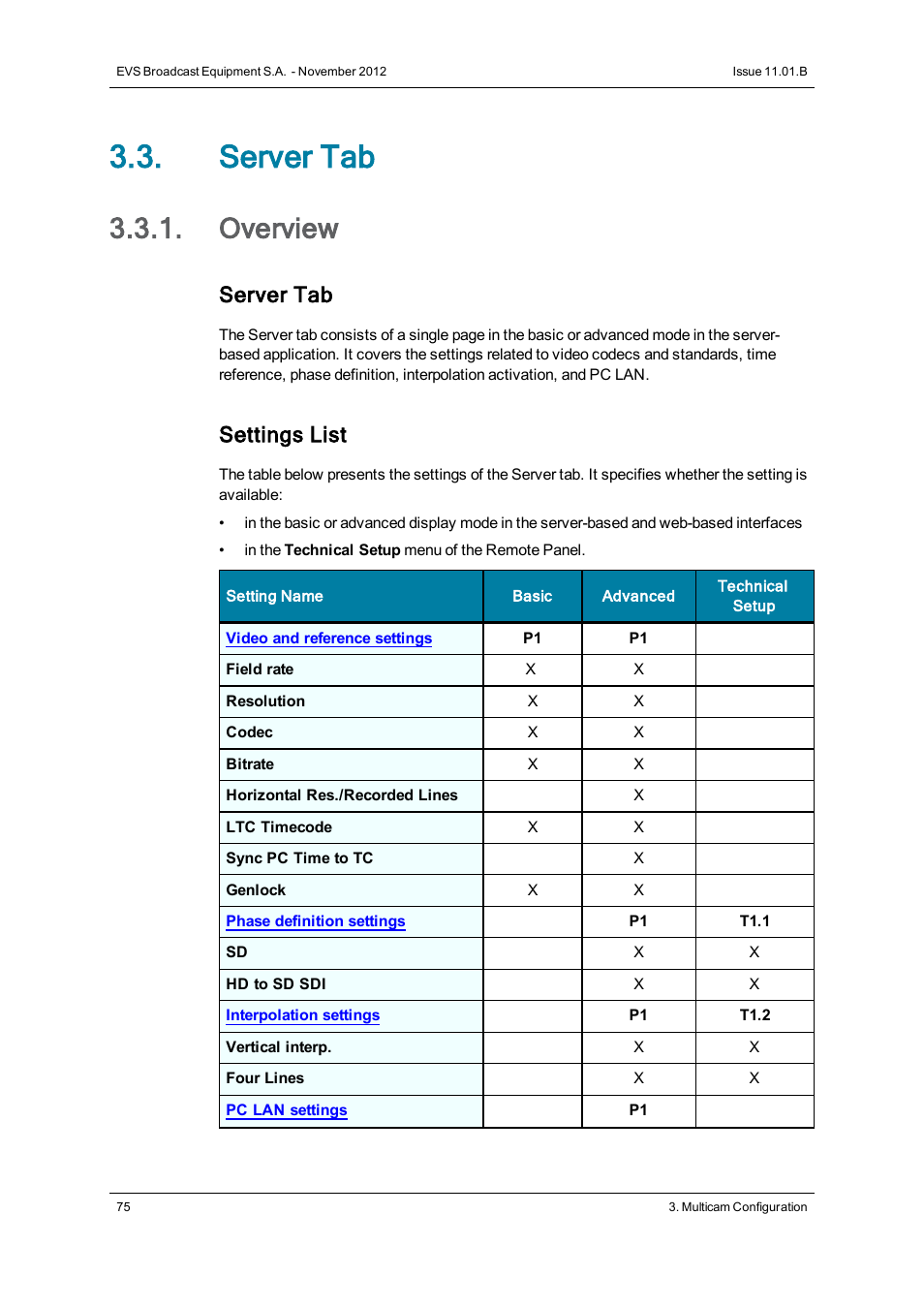 Server tab, Overview, Server settings | Settings list | EVS XT2 Version 11.01 - November 2012 Configuration Manual User Manual | Page 85 / 234