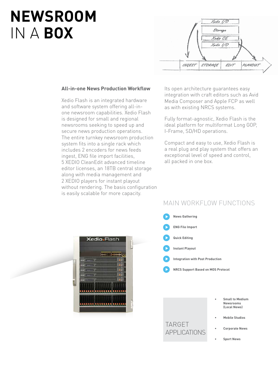 Newsroom in a box, Main workflow functions, Target applications | EVS XEDIO-FLASH User Manual | Page 2 / 6