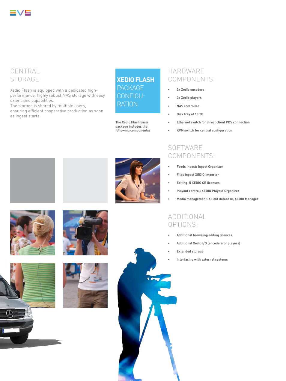 Central storage, Hardware components, Software components | Additional options, Xedio flash package configu­ ration | EVS XEDIO-FLASH User Manual | Page 4 / 6