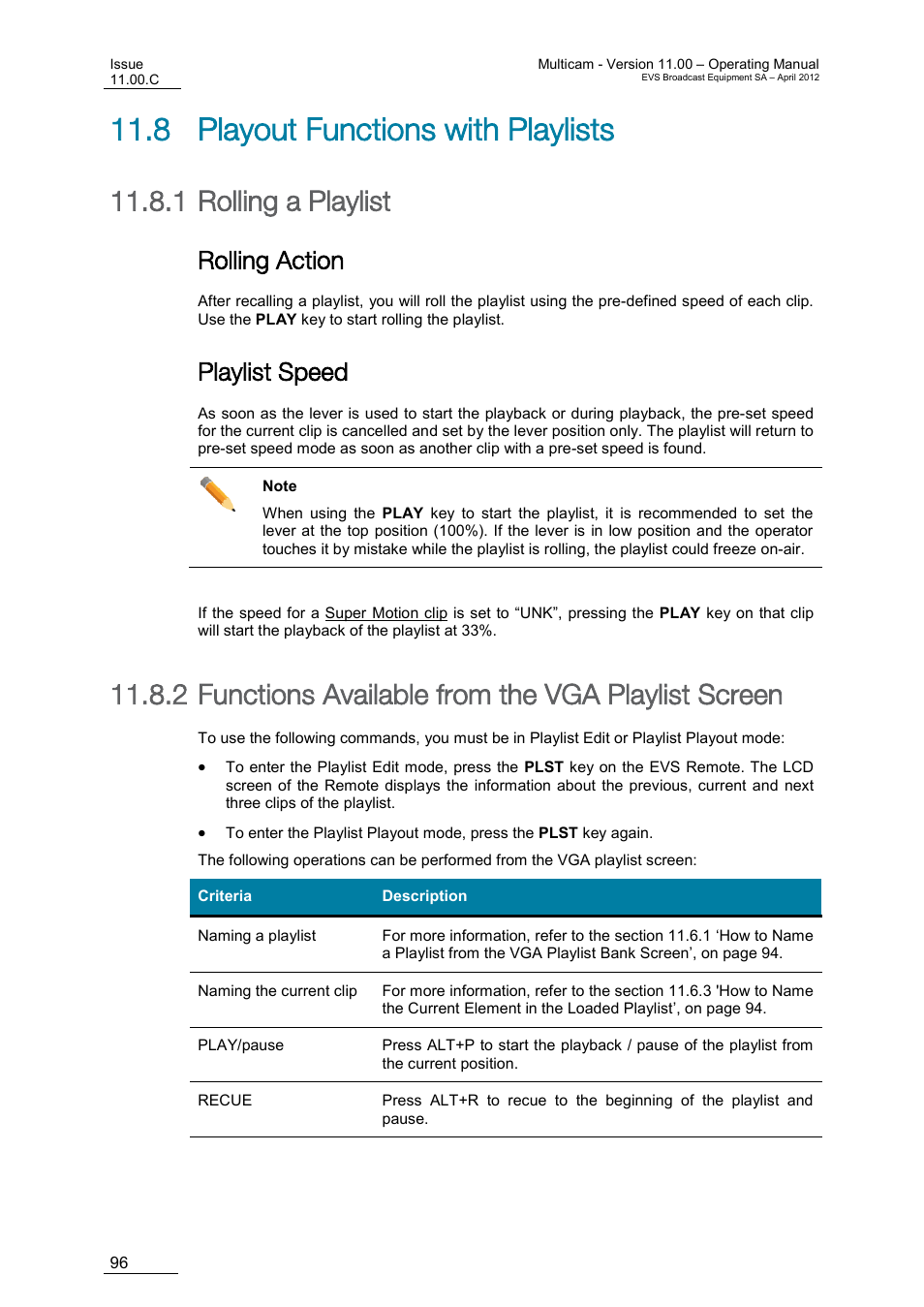 Playout functions with playlists, Rolling a playlist, Rolling action | Playlist speed, Functions available from the vga playlist screen, 8 playout functions with playlists, 1 rolling a playlist, 2 functions available from the vga playlist screen | EVS MulticamLSM Version 11.00 Operating Manual User Manual | Page 106 / 199