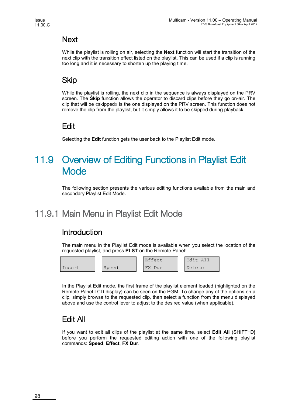 Next, Skip, Edit | Main menu in playlist edit mode, Introduction, Edit all, 1 main menu in playlist edit mode | EVS MulticamLSM Version 11.00 Operating Manual User Manual | Page 108 / 199