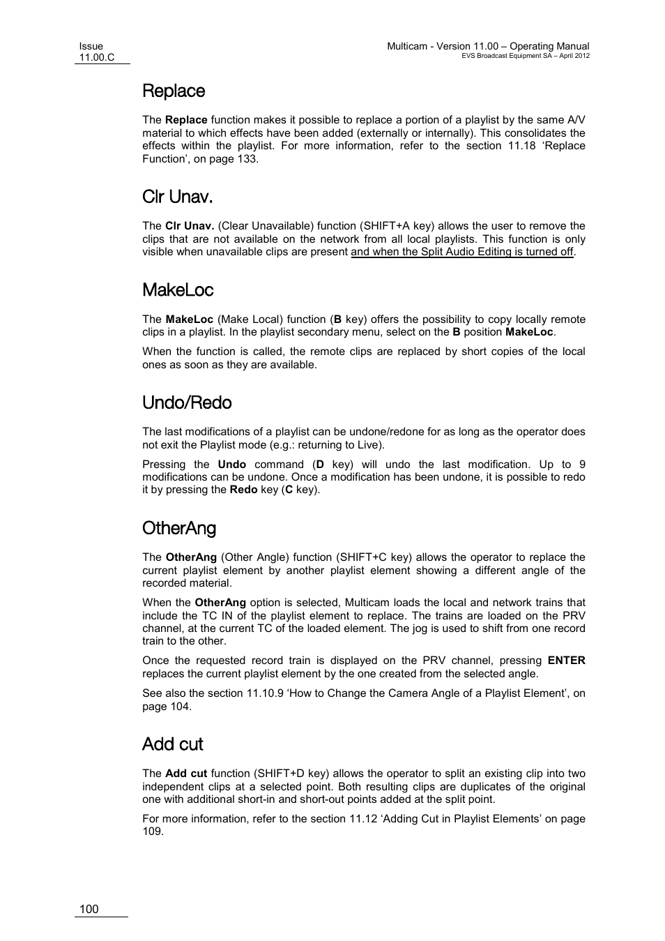 Replace, Clr unav, Makeloc | Undo/redo, Otherang, Add cut | EVS MulticamLSM Version 11.00 Operating Manual User Manual | Page 110 / 199