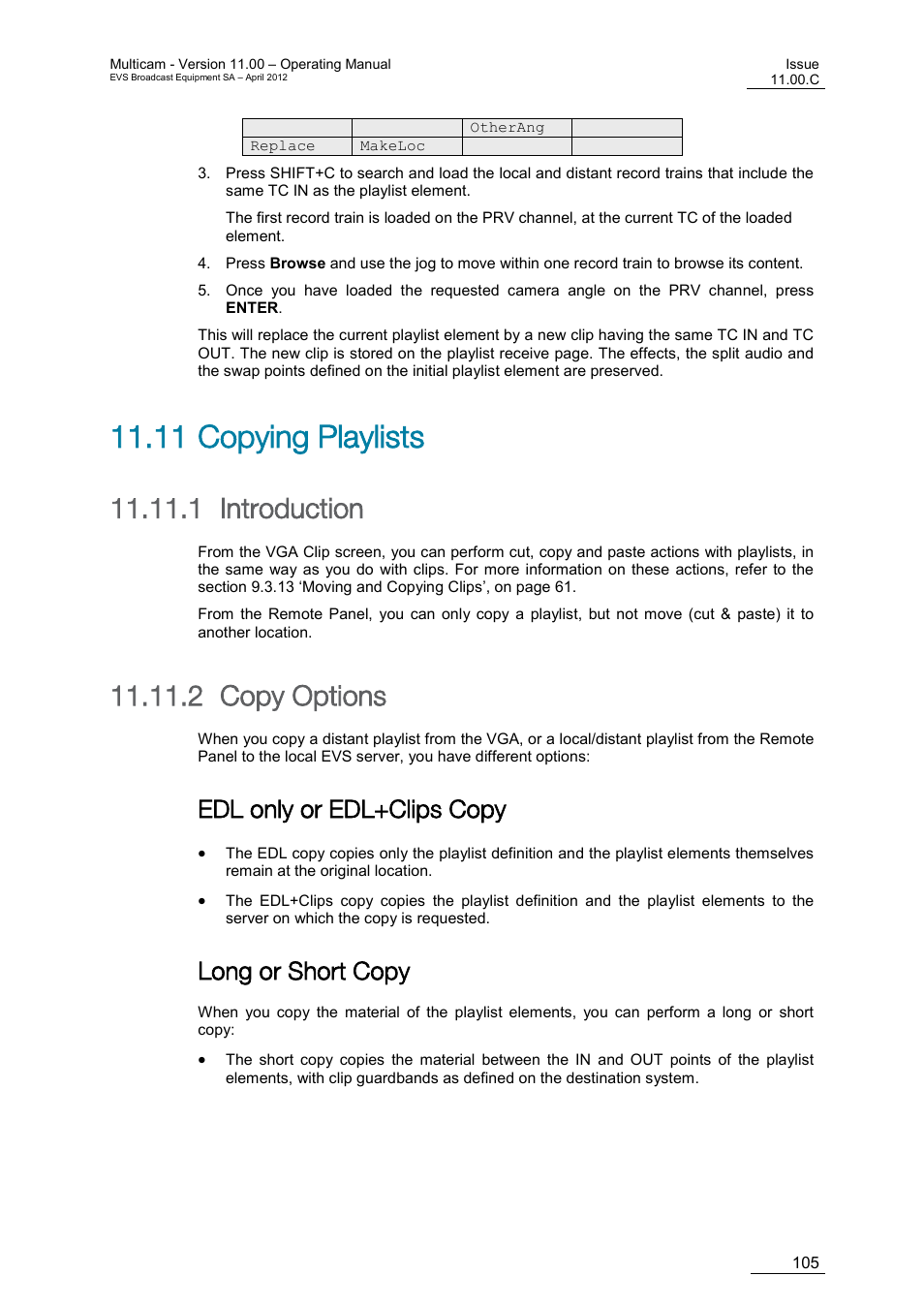 Copying playlists, Introduction, Copy options | Edl only or edl+clips copy, Long or short copy, 11 copying playlists, N 11.11 ‘copying playlists, Age 105, 1 introduction, 2 copy options | EVS MulticamLSM Version 11.00 Operating Manual User Manual | Page 115 / 199