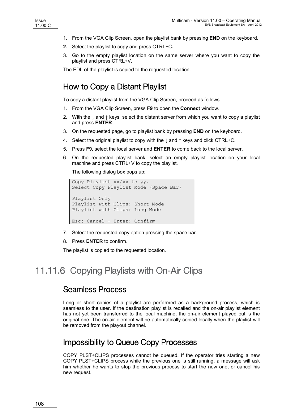 How to copy a distant playlist, Copying playlists with on-air clips, Seamless process | Impossibility to queue copy processes, 6 copying playlists with on-air clips | EVS MulticamLSM Version 11.00 Operating Manual User Manual | Page 118 / 199