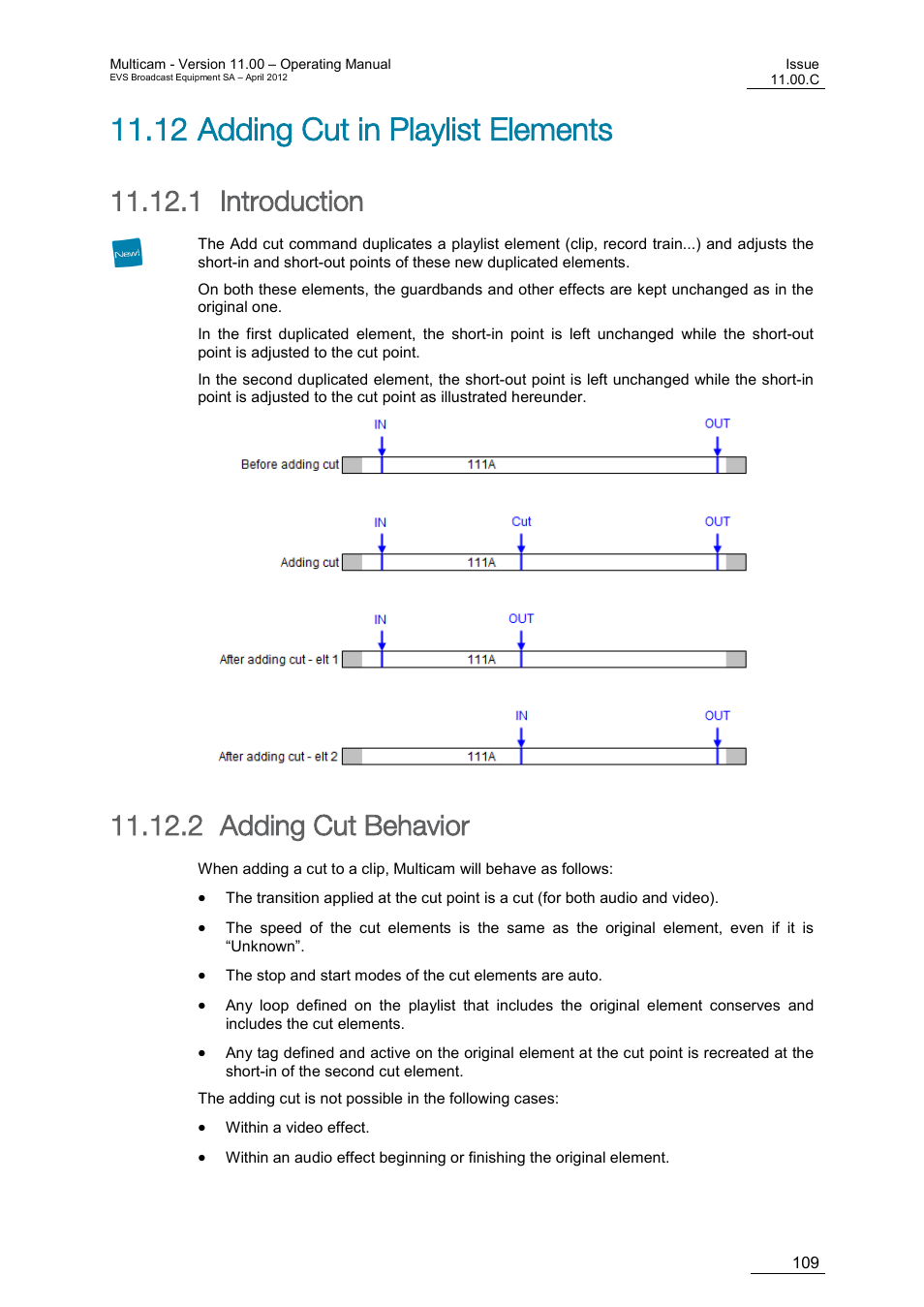 Adding cut in playlist elements, Introduction, Adding cut behavior | 12 adding cut in playlist elements, 12 ‘adding cut in playlist elements, 1 introduction, 2 adding cut behavior | EVS MulticamLSM Version 11.00 Operating Manual User Manual | Page 119 / 199