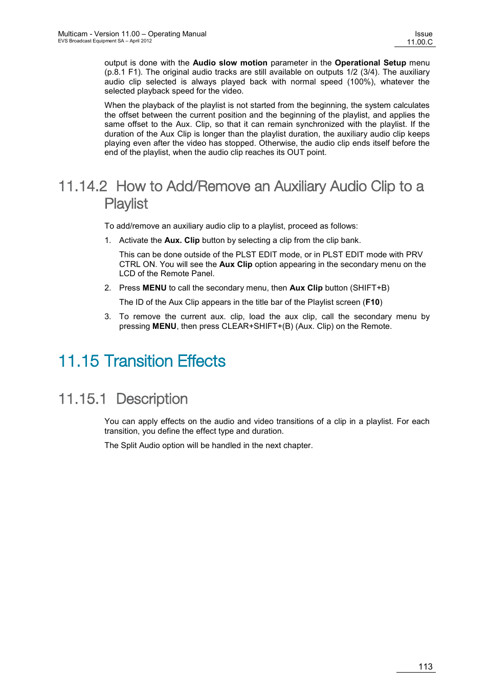 Transition effects, Description, 15 transition effects | 15 ‘transition effects, Age 113, 1 description | EVS MulticamLSM Version 11.00 Operating Manual User Manual | Page 123 / 199