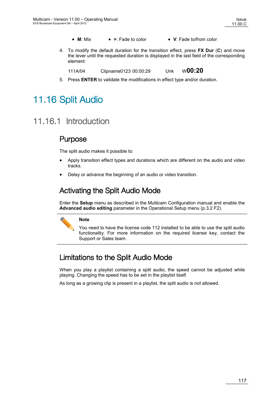 Split audio, Introduction, Purpose | Activating the split audio mode, Limitations to the split audio mode, 16 split audio, 1 introduction | EVS MulticamLSM Version 11.00 Operating Manual User Manual | Page 127 / 199