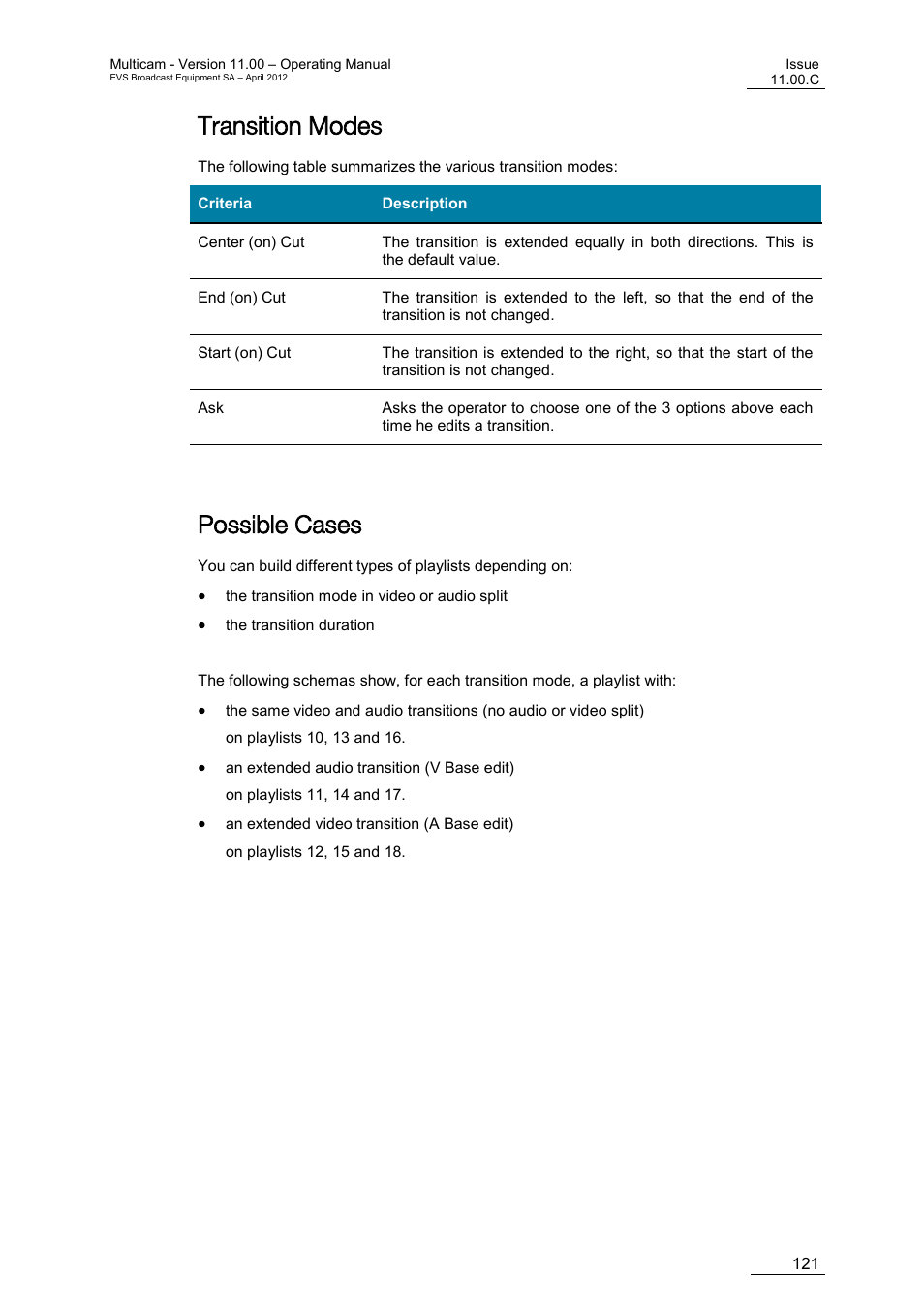 Transition modes, Possible cases | EVS MulticamLSM Version 11.00 Operating Manual User Manual | Page 131 / 199