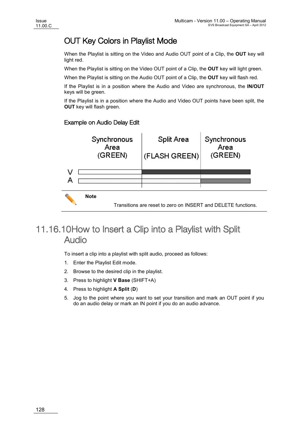 Out key colors in playlist mode, Example on audio delay edit | EVS MulticamLSM Version 11.00 Operating Manual User Manual | Page 138 / 199