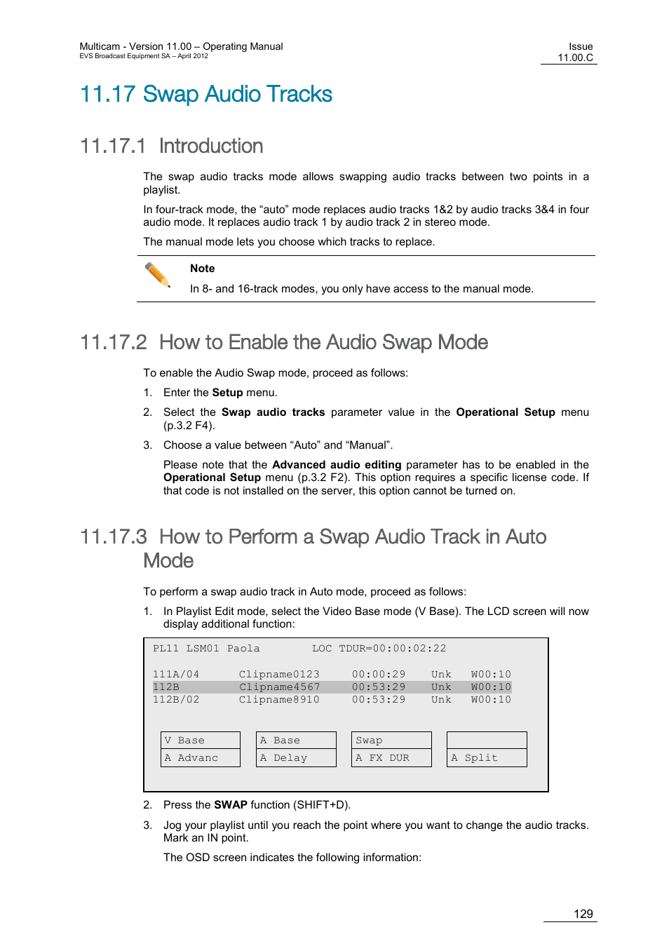 Swap audio tracks, Introduction, How to enable the audio swap mode | How to perform a swap audio track in auto mode, 17 swap audio tracks, 1 introduction, 2 how to enable the audio swap mode, 3 how to perform a swap audio track in auto mode | EVS MulticamLSM Version 11.00 Operating Manual User Manual | Page 139 / 199