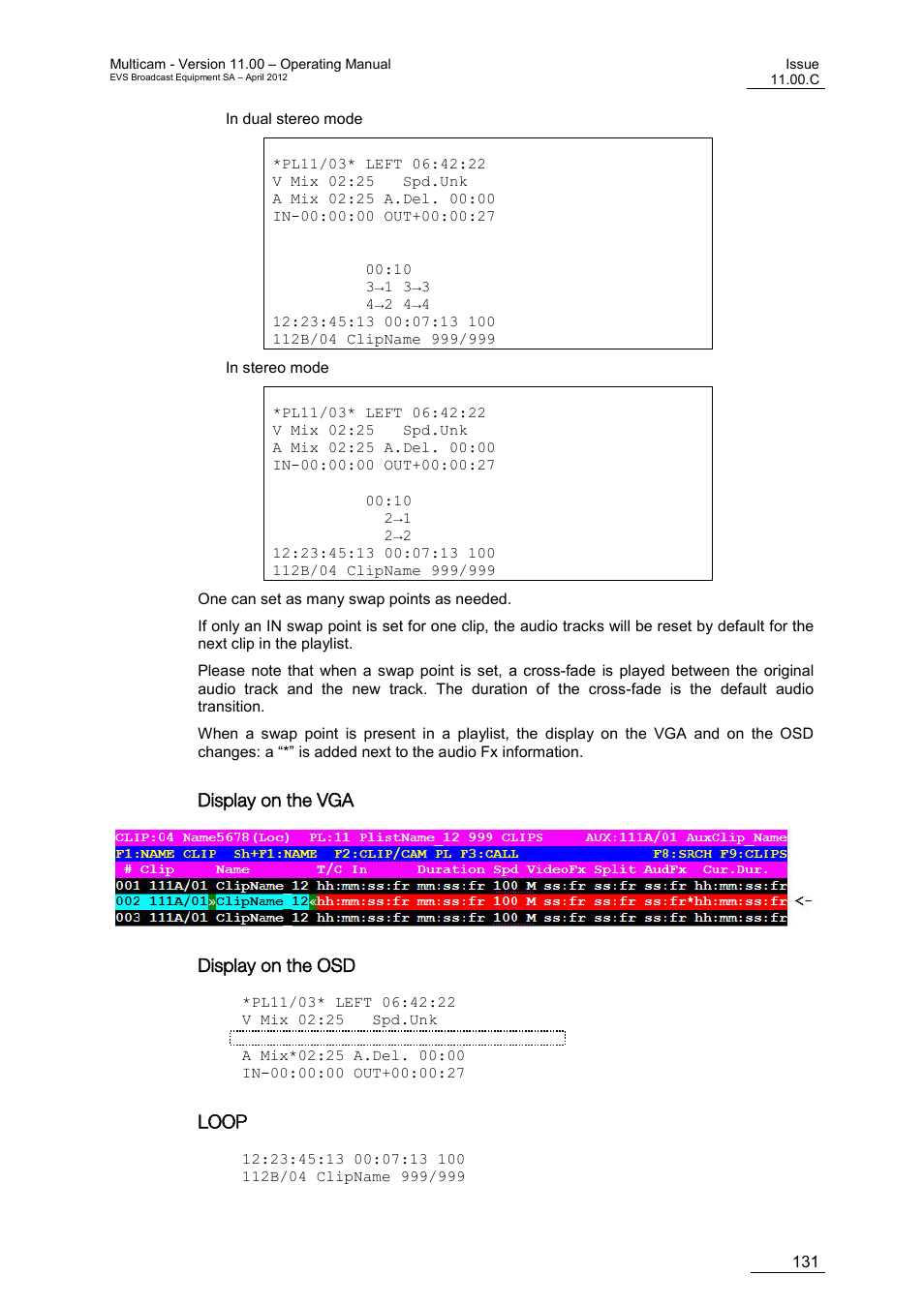 Display on the vga, Display on the osd, Loop | EVS MulticamLSM Version 11.00 Operating Manual User Manual | Page 141 / 199