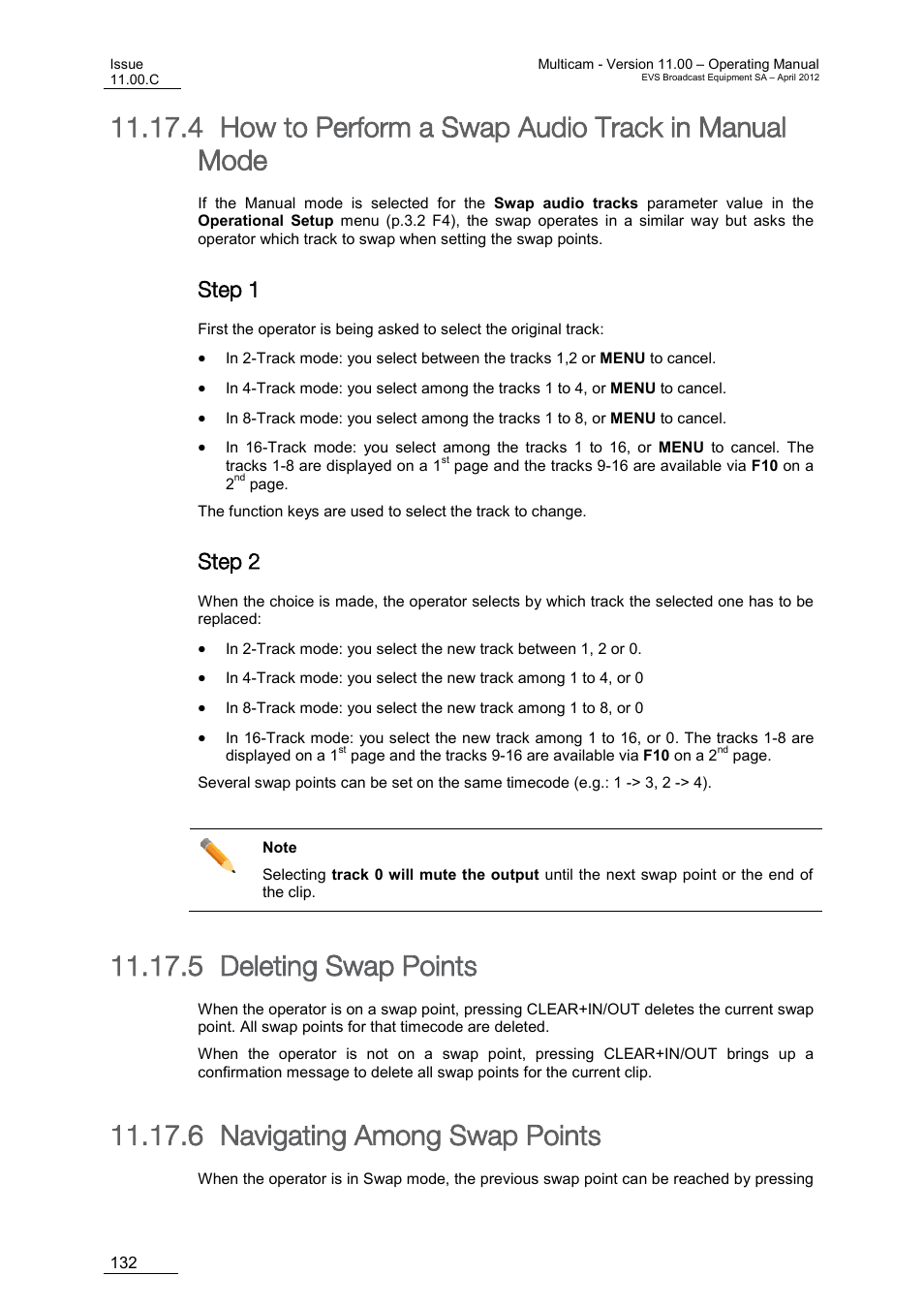 How to perform a swap audio track in manual mode, Step 1, Step 2 | Deleting swap points, Navigating among swap points, 4 how to perform a swap audio track in manual mode, 5 deleting swap points, 6 navigating among swap points | EVS MulticamLSM Version 11.00 Operating Manual User Manual | Page 142 / 199