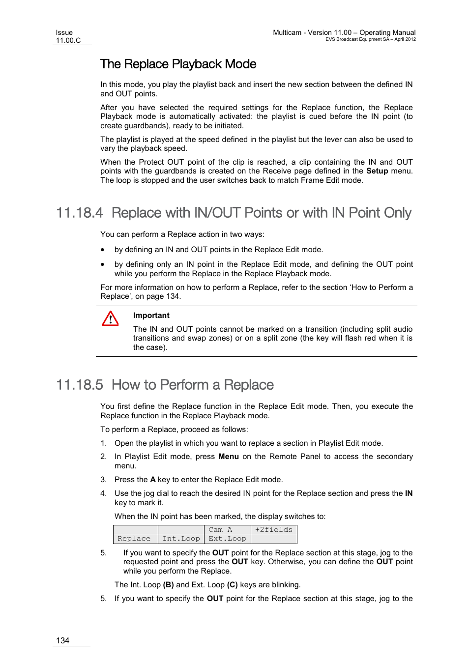 The replace playback mode, Replace with in/out points or with in point only, How to perform a replace | 4 replace with in/out points or with in point only, 5 how to perform a replace | EVS MulticamLSM Version 11.00 Operating Manual User Manual | Page 144 / 199
