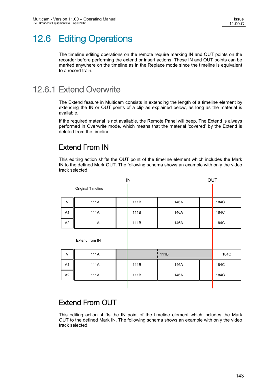 Editing operations, Extend overwrite, Extend from in | Extend from out, 6 editing operations, 1 extend overwrite | EVS MulticamLSM Version 11.00 Operating Manual User Manual | Page 153 / 199