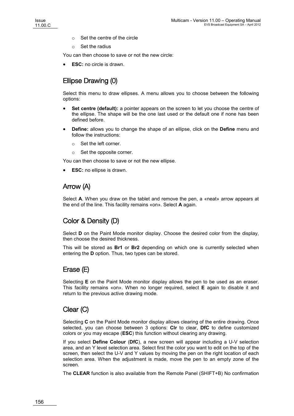 Ellipse drawing (0), Arrow (a), Color & density (d) | Erase (e), Clear (c) | EVS MulticamLSM Version 11.00 Operating Manual User Manual | Page 166 / 199